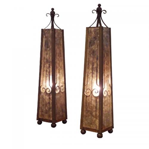 A Pair of Obelisk Shaped Table Lamps in Mica and Wrought Iron