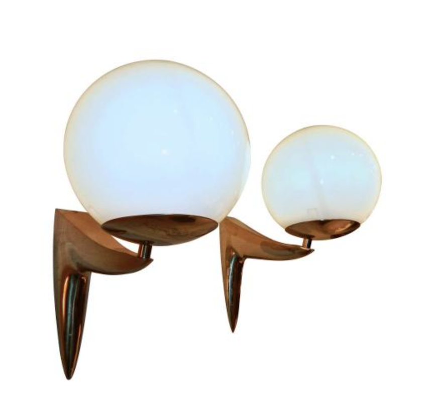 Pair of Mid Century Inspired Gilt Brass Wall Sconces, Multiple Pairs Available